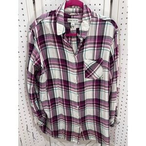 AVA & VIV Plus Size 1X Plaid‎ Long Sleeve Button Up Shirt Purple White Green
